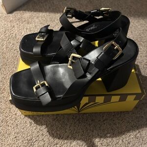 Free People Black Sandals with Gold Buckles